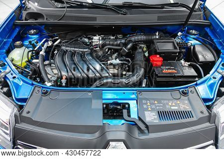 Novosibirsk, Russia - July 28, 2021:  Renault Sandero Stepway, Close Up Detail Of New Car Engine