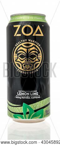 Winneconne, Wi -20 August 2021:  A Can Of Zoa Healthy Warrior Energy Drink On An Isolated Background