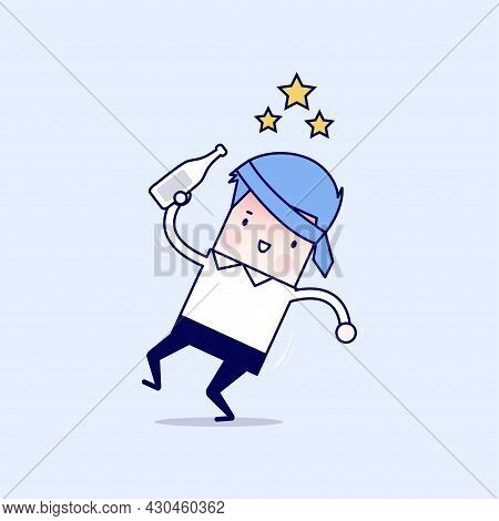 Drunk Businessman With Alcohol Bottle. Cartoon Character Thin Line Style Vector.