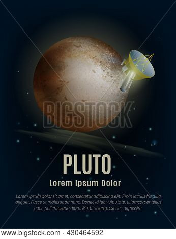 Pluto Planet Poster With Artificial Satellite Space And Stars Cartoon Vector Illustration