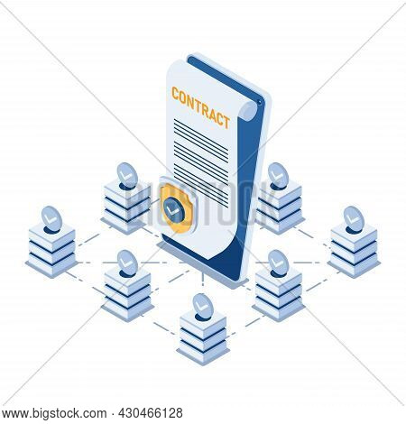 Flat 3d Isometric Smart Contract In The Center Of Blockchain Technology. Blockchain Smart Contract C