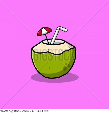 Ice Coconut With Straw Vector Icon Illustration. Summer Food And Drink. Holiday Icon Concept White I