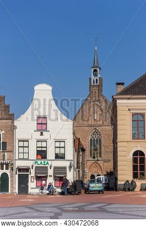 Steenwijk, Netherlands - March 27, 2020: Clock Gable And Church Tower In Historic City Steenwijk, Ne