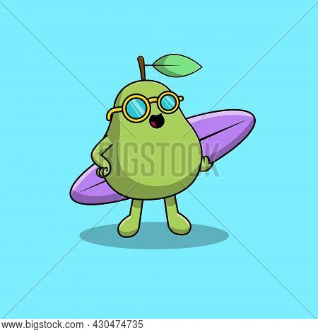 Cute Pear Holding Surfboard Cartoon Vector Icon Illustration. Summer Fruit Icon Concept Isolated Pre