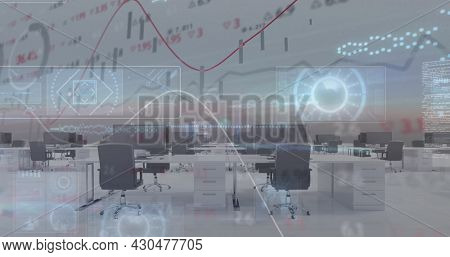 Financial and statistical data processing against empty office in background. global finance and business concept