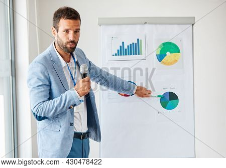 Young Busnessman Having A Speech By A Whiteboard During A Conference Business Meeting In An Office. 