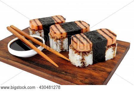 Spam Musubi With Grilled Pork Luncheon Meat And Sushi Rice Wrapped With Roasted Seaweed Nori Isolate