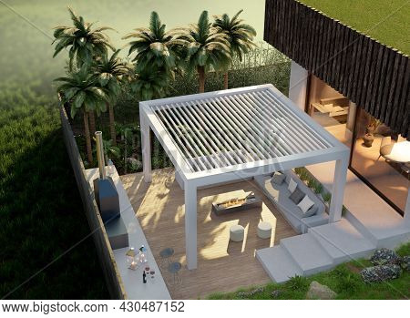 3d Illustration Of Modern Private Villa With Outdoor Patio. Top Drone View Of Wooden Teak Wood Deck 