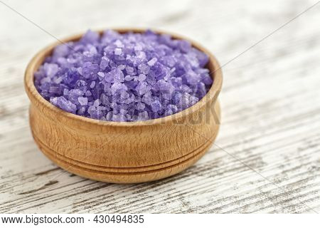 Lavender's Spa Products With Dried Lavender Flowers On A Wooden Table. Flat Lay Bath Salt And Massag