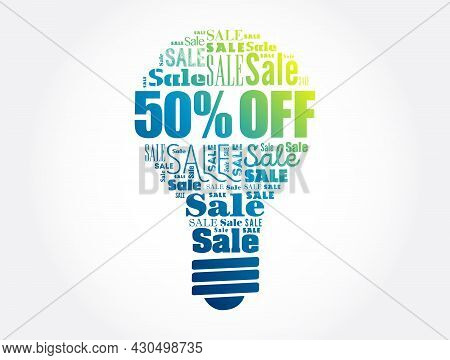50 Percen Off Sale Light Bulb Word Cloud Collage, Business Concept Background
