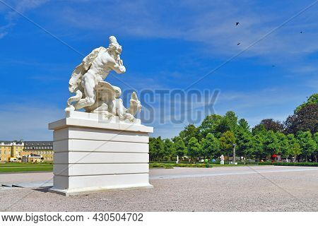 Karlsruhe, Germany - August 2021: Sculpture Of Hercules Slaying Dragon Ladon In Front Of Palace Gard