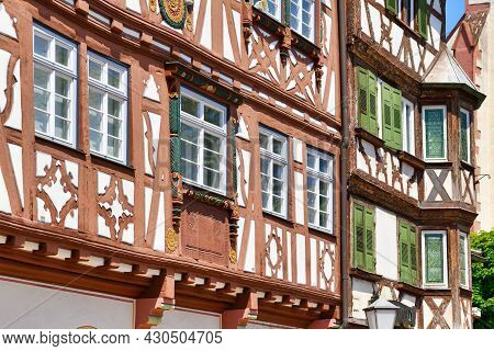 Mosbach, Germany - June 2021: Part Of Facade Of Old Historic Timber Framing Building Called 'palmsch