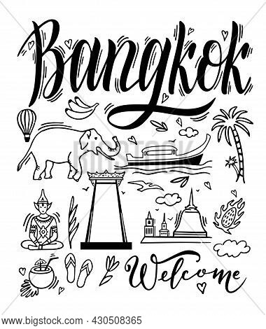 Bangkok, Thailand And Landmarks, Travel Attraction. Set Vector Symbols Of Thailand. Typography, T-sh