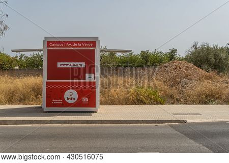 Campos, Spain; August 14 2021: Information Office And Bus Stop Of The Tib Company In The Majorcan To