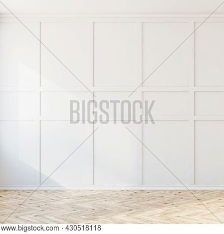 Living Room Interiror With White Empty Blank Wall And Bright Oak Wooden Parquet Floor. Perfect Place