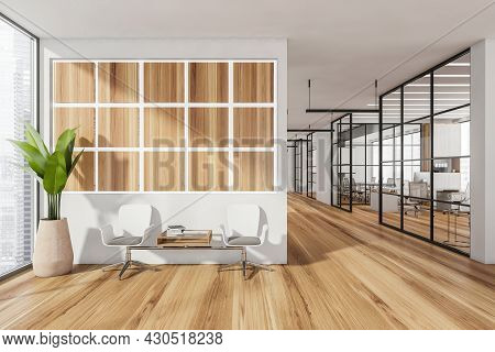 Panoramic Waiting Area Near The Corridor With Glass Partitions. Wood Panels On The Wall With Seat Co