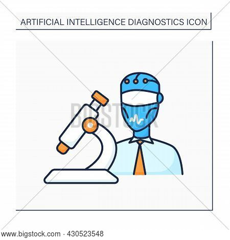 Ai In Medicine Color Icon. Digital Technologies In Medical Sphere. Modern Microscope And Robot. Ai D