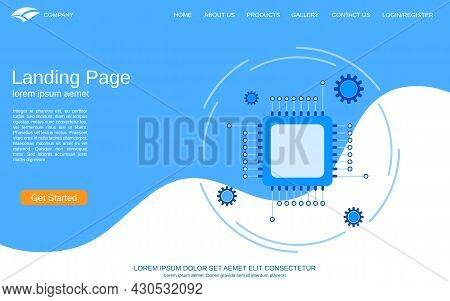 Website Landing Page Vector Template. Blue-white Background With Processor Thin Line Illustration