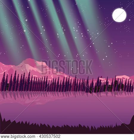 Aurora Waves Flat Illustration Vector Forest Lake Night View Moon