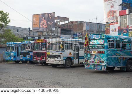 Anuradhapura, Sri Lanka - February 07, 2020: Several Sri Lankan Buses 