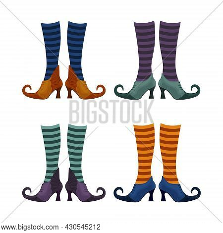 A Set With The Image Of Witch Shoes In Stockings Of Different Colors. Witch Nights In Stockings And 