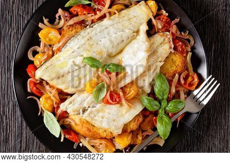 Acqua Pazza, Italian Poached Fish In A Tomato And White Wine Based Sauce With Fennel, Herbs And Cris