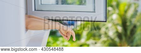 Banner, Long Format Extremly Tired Woman Looking Out The Window, Home Alone. Self-isolation At Home,