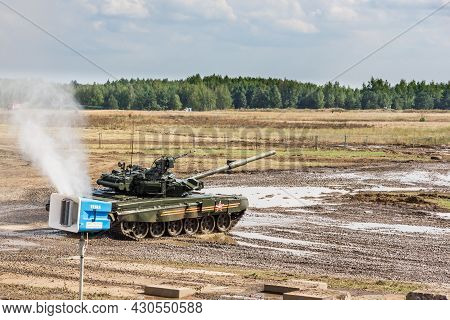 Moscow, Russia, August 17, 2014 - Russian T-80 Tank In Motion At The Training Ground