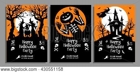 Set Of Halloween Party Posters In Black And Orange Colors. Vector Design Template Of Invitations, In