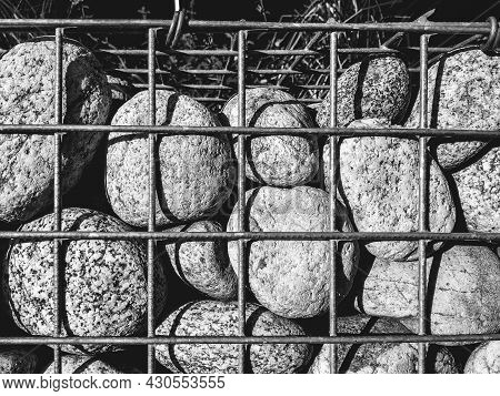 The Stones In The Metal Welded Mesh Are Gabions. The Gabion Fragment Is A Box Made Of Metal Mesh Fil