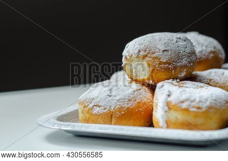 Berliner Pfannkuchen, A German Donut, Traditional Yeast Dough Deep Fried Filled With Chocolate Cream