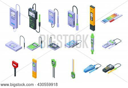Ph Meter Icons Set Isometric Vector. Acid Chemical. Biology Laboratory