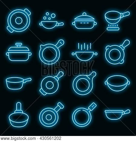Wok Frying Pan Icons Set. Outline Set Of Wok Frying Pan Vector Icons Neon Color On Black
