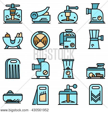 Vegetable Cutter Icons Set. Outline Set Of Vegetable Cutter Vector Icons Thin Line Color Flat On Whi