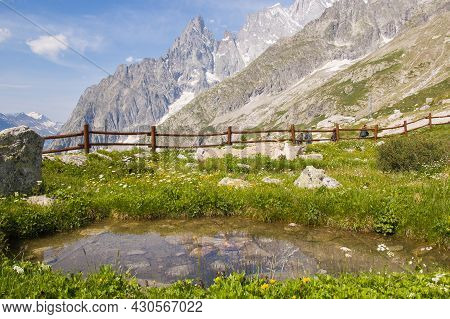 Mont Blanc Massif: View Of The Saussurea Botanic Garden With Idyllic Little Lake In Aosta Valley, It