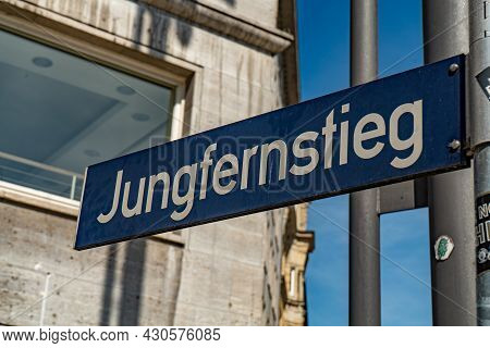 Street Sign Jungfernstieg In Hamburg - Hamburg, Germany - May 10, 2021