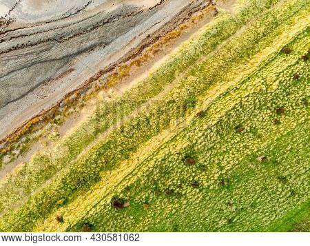 Aerial View Of Allonby Village Beach In Allerdale District In Cumbria, Uk