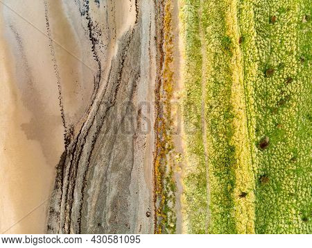 Aerial View Of Allonby Village Beach In Allerdale District In Cumbria, Uk
