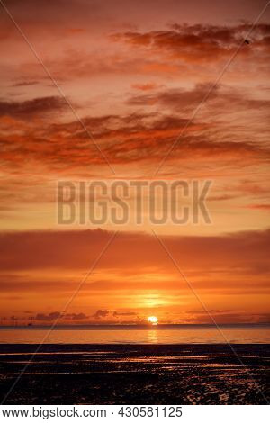 Beautiful Sunset Colors Over The Coastline Of Allerdale District In Cumbria, Uk. Sun Setting Over Th