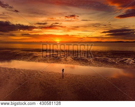 Beautiful Sunset Colors Over The Coastline Of Allerdale District In Cumbria, Uk. Sun Setting Over Th