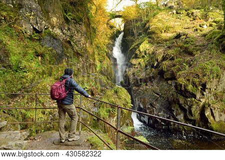 Male Tourist Enjoying Famous Aira Force Waterfall On Aira Beck Stream, Located In The Lake District,