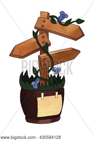 An Ivy-braided Wooden Sign With Three Arrows Pointing In Different Directions, Mounted In A Burgundy