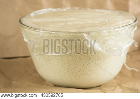 Glass Bowl With Aired Yeast Dough Raised Covered By Cling Film
