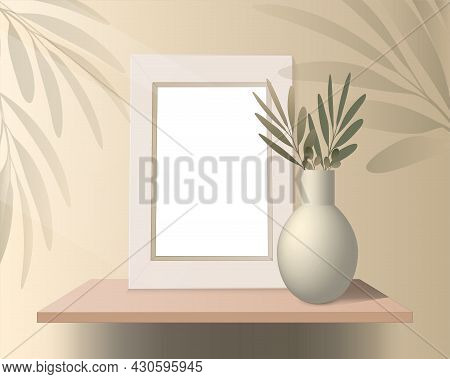 Home Room In Pastel Colors. Minimal Scene With Shelf, Vase, Picture And Tropical Leaves. Stage Pedes