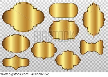 Vector Golden Labels Set, Glossy Gold Badges With Black Frame Isolated On Transparent Background. Lo