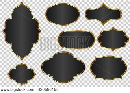 Vector Black Labels Set, Glossy Badges With Golden Frame Isolated On Transparent Background. Vector 