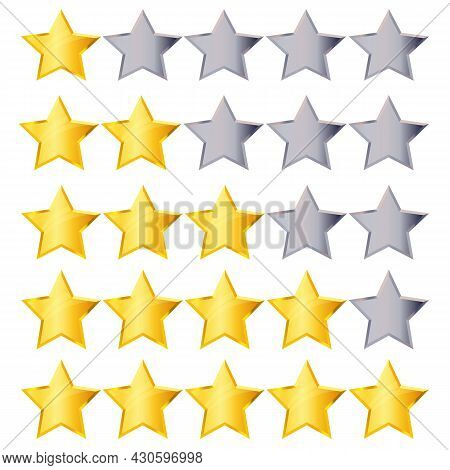 Golden Rating Stars Set Isolated On White Background. Gold And Silver Star Collection To Rank Hotel,