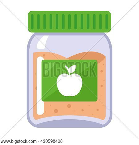 Applesauce In A Glass Jar For Baby Food. Flat Vector Illustration.