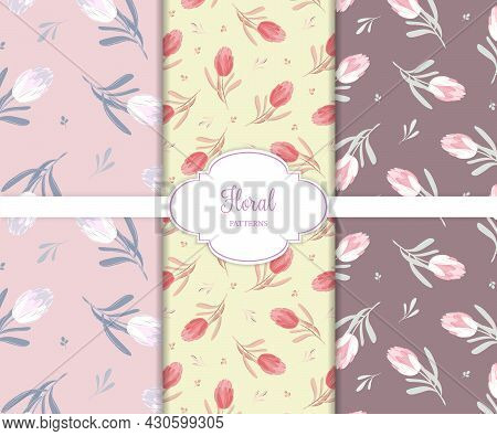 Vector Pink Tulips Seamless Patterns. Floral Vintage Textile Patterns Set. Retro Garden Repeatable D