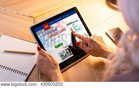 Woman With Laptop Permanent Resident Card Green Card Of Usa